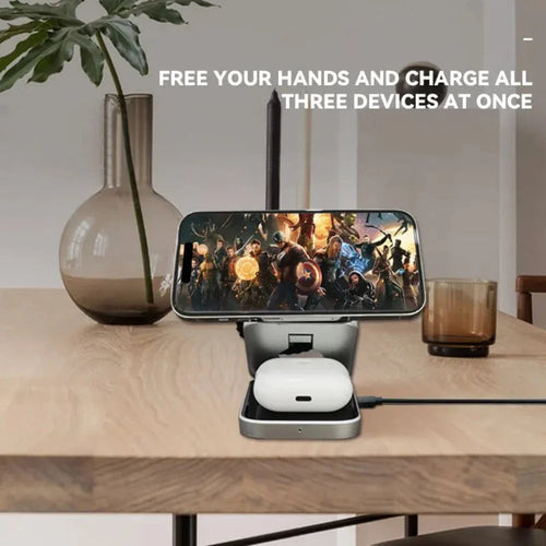 Foldable 3-in-1 Wireless Charging Phone Stand — iPhone, AirPods & Apple Watch
