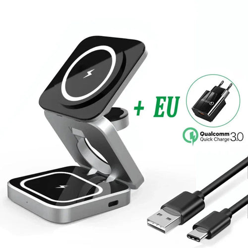 Foldable 3-in-1 Wireless Charging Phone Stand — iPhone, AirPods & Apple Watch