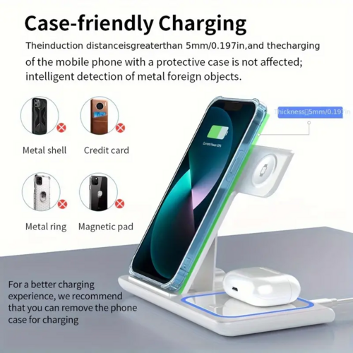 Qi charging station for phone, earbuds, and smartwatch