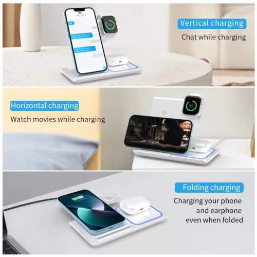 Foldable Qi wireless charger for phone, earbuds, and smartwatch