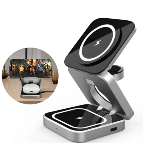Foldable 3-in-1 Wireless Charging Phone Stand — iPhone, AirPods & Apple Watch